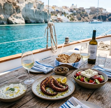 Greek lunch with octopus, salad and wine on catamaran deck overlooking Milos bay 