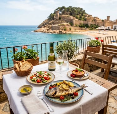 Three-course Mediterranean seafood lunch overlooking Vila Vella fortress in Tossa de Mar