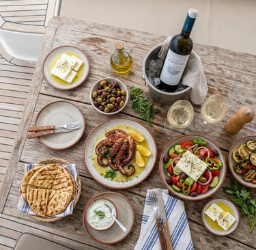 Greek lunch with grilled octopus, feta, olives, pita and Assyrtiko wine on catamaran wooden deck.