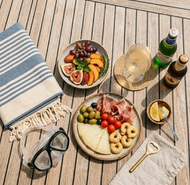 Local snacks wine beer and snorkeling equipment on teak yacht deck Amalfi charter