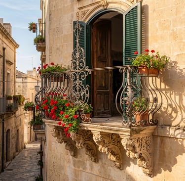 Baroque balcony with red geraniums in Martina Franca historic centre Valle d'Itria Puglia