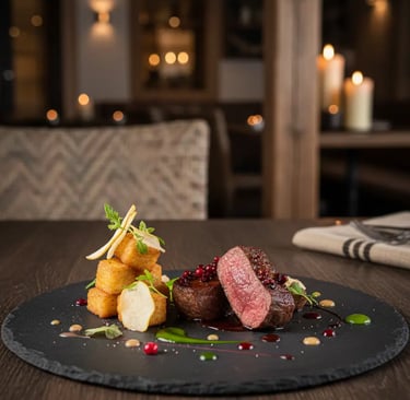 Close-up of a gourmet steak dish with elegant plating on a slate platter in a luxury Ischgl restaura