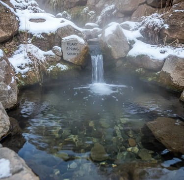 A natural hot spring source with water cascading over rocks into a clear pool, featuring a sign that
