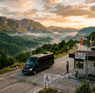 Private minibus at a Balkan mountain border crossing checkpoint at golden hour