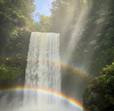 Majestic Shiraito Falls with a double rainbow and lush green forest.