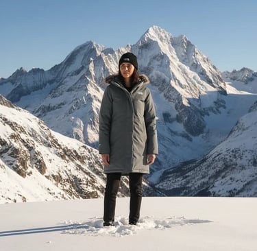 A woman modeling a Scandinavian minimalist ski style in a long charcoal gray parka and black snow pa