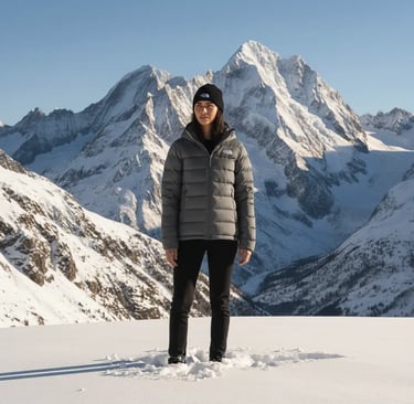 A functional and stylish gray layered ski look with a technical puffer coat and black base layers, p