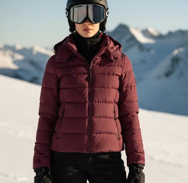 Front view of a woman wearing a chic burgundy puffer ski jacket paired with black ski pants and helm