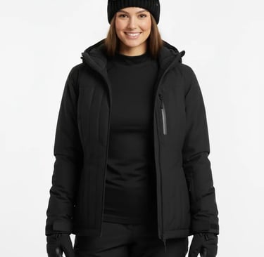 Front view of a woman in a black Columbia waterproof insulated ski jacket with goggles.