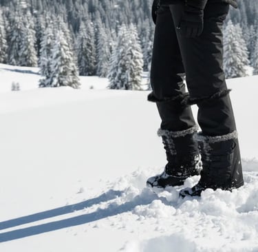 Waterproof insulated black Arctix ski pants and snow boots in deep snow