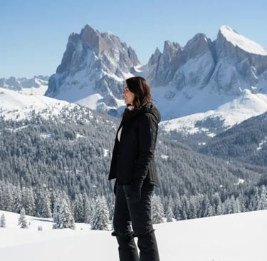 Side view of a woman wearing an insulated waterproof black ski outfit in a snowy alpine landscape.