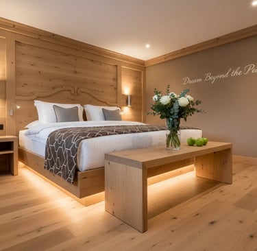 A luxurious alpine hotel room with warm wood finishes and elegant decor at a premier Luxury wellness