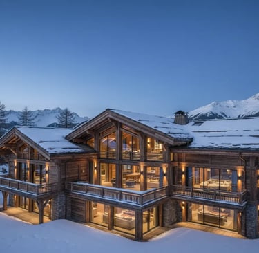A luxury wooden ski chalet illuminated at dusk, surrounded by deep snow in the French Alps.