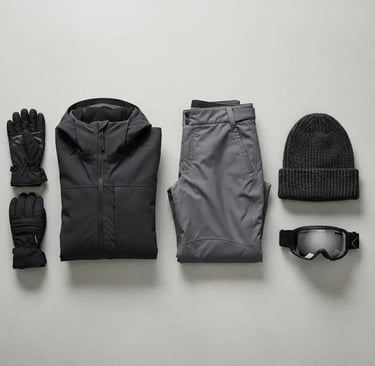 Flat lay of a monochromatic ski outfit featuring a charcoal puffer jacket, gray ski pants, black glo