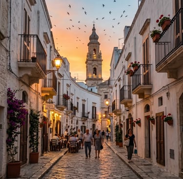 Whitewashed alley with bell tower and swallows at sunset in Monopoli old town, Puglia