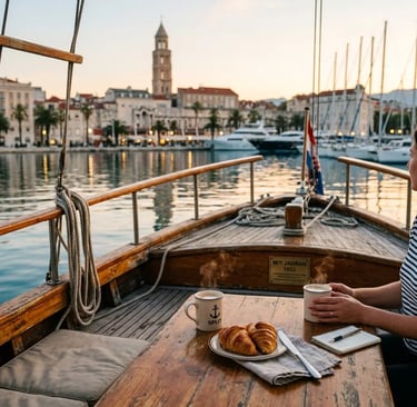 Morning coffee and fresh croissants on a vintage wooden boat in Split harbor