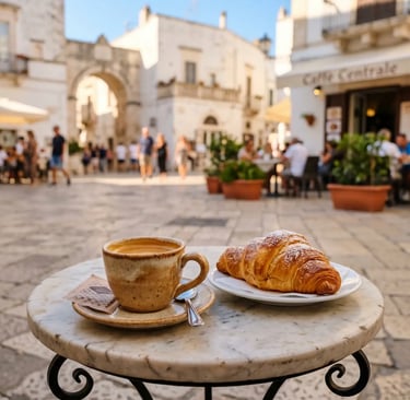 Espresso cup and croissant on marble café table in sunny Monopoli piazza Puglia Italy