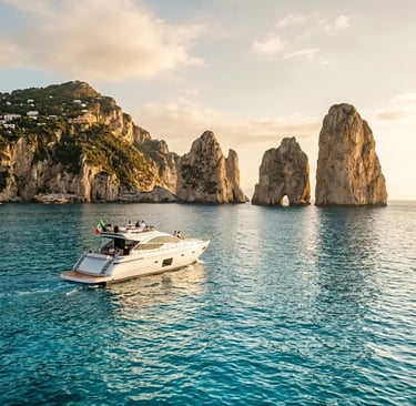 Small white yacht cruising past Capri Faraglioni rocks at golden hour