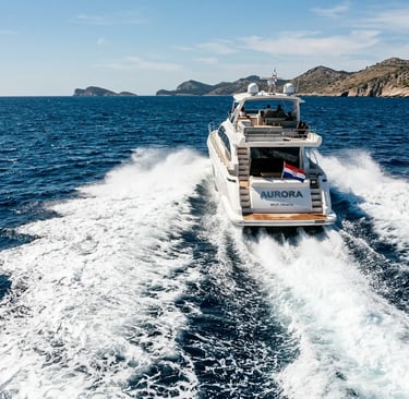 Azimut 62S Aurora cutting through deep blue Adriatic Sea with powerful twin engine wake