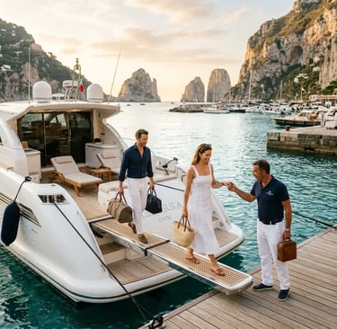 Couple boarding private yacht at Marina Piccola Capri assisted by skipper