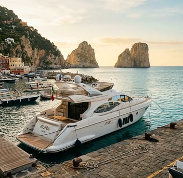 Luxury motor yacht moored at Marina Piccola Capri with Faraglioni cliffs at golden hour sunset