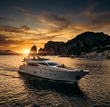 Luxury yacht cruising past Capri Faraglioni cliffs at sunset with golden Mediterranean sky
