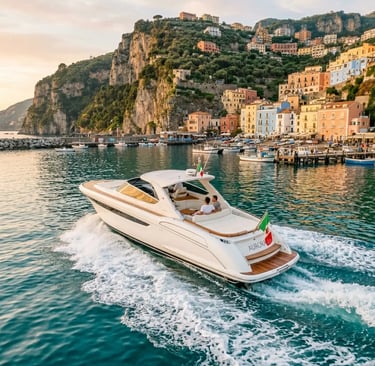 Sleek white motorboat departing Marina Grande with colorful Amalfi Coast village at sunset