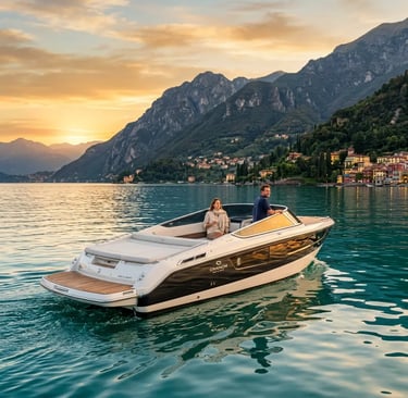 Luxury Cranchi boat gliding on Lake Como at golden hour with Alpine mountains behind