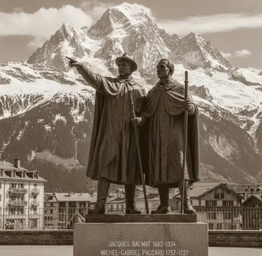 Historic statue of Balmat and Paccard in Chamonix center pointing towards the Mont Blanc summit.