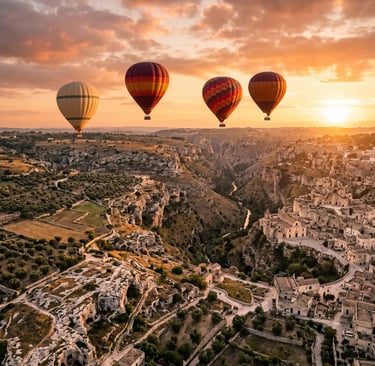 Four hot air balloons flying over the Sassi di Matera at sunrise in South Italy
