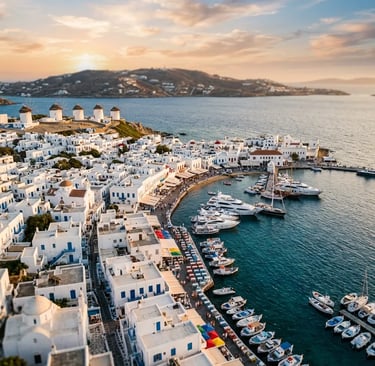 Aerial helicopter view of Mykonos town windmills and harbor at golden hour