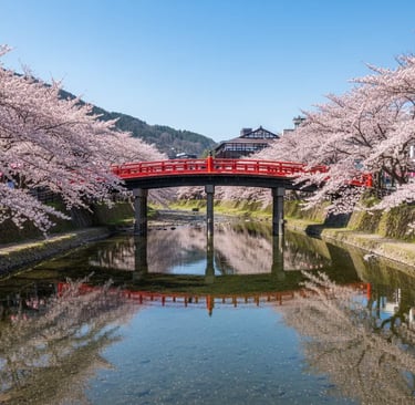 Shirakawa-go village with blooming cherry blossoms and rice paddies.