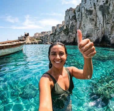 Dramatic white limestone cliffs of Otranto meeting clear turquoise Adriatic sea in southern Italy