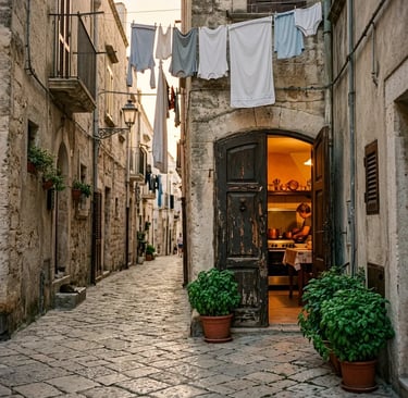 Charming Bari Vecchia alleyway with open door revealing a warm glowing kitchen inside