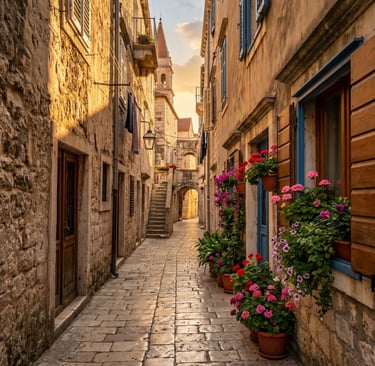 Narrow marble alleyway in UNESCO Trogir with stone walls and colorful flower pots at sunset