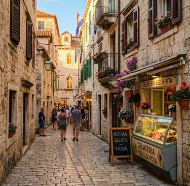 Narrow medieval cobblestone street in Trogir Croatia with artisan gelato shop and stone buildings