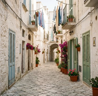 Narrow whitewashed alley in Monopoli with green shutters, bougainvillea flowers and hanging laundry