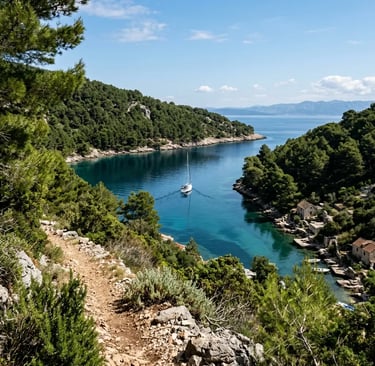Sailboat in Nečujam Bay on Šolta Island surrounded by dense Mediterranean pine forest