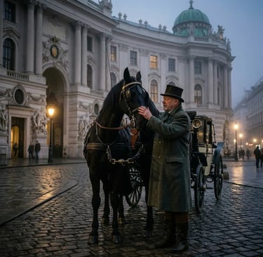 Coachman in top hat tending to a black horse in front of Hofburg Palace on a foggy Vienna morning, cobblestone square