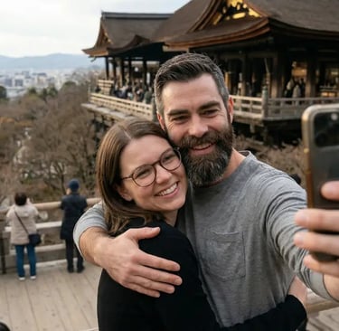 Happy couple taking selfie at Kiyomizudera temple during private Kyoto sightseeing tour