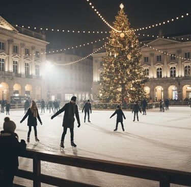 Ice skaters on a rink near a brightly lit, towering Christmas tree at night, likely in Strasbourg's 