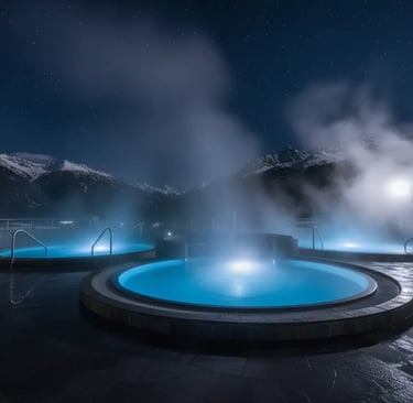An illuminated outdoor thermal pool at night, surrounded by rising steam and dark mountain silhouett