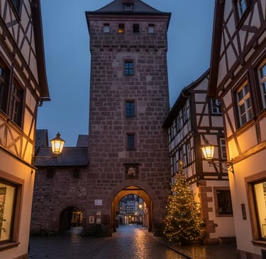 A dramatic night view of a tall, medieval stone tower with an arched passage in Rothenburg ob der Ta