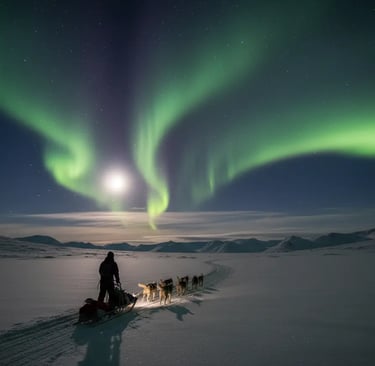 A silhouette of a dog sled team and a musher traveling across a snowy plain under a vibrant green Au