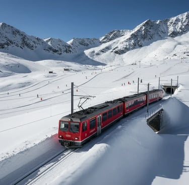A vibrant red Swiss train traveling through high altitude snow-covered mountain peaks under a clear 