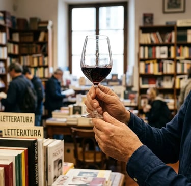 Oenologist holding a glass of Primitivo red wine inside a Bari bookstore during tasting
