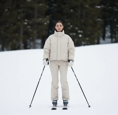 A woman standing on a snowy slope wearing a minimalist cream-colored puffer jacket and matching ski 