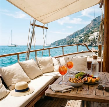Aperol spritz cocktails, fresh fruit and snacks on wooden boat table overlooking turquoise sea