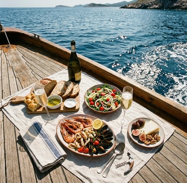 Fresh seafood lunch and Apulian sparkling wine served on the teak deck of a wooden boat in Puglia