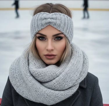 Aesthetic winter accessories for skating featuring a chunky knit grey headband and scarf set.
